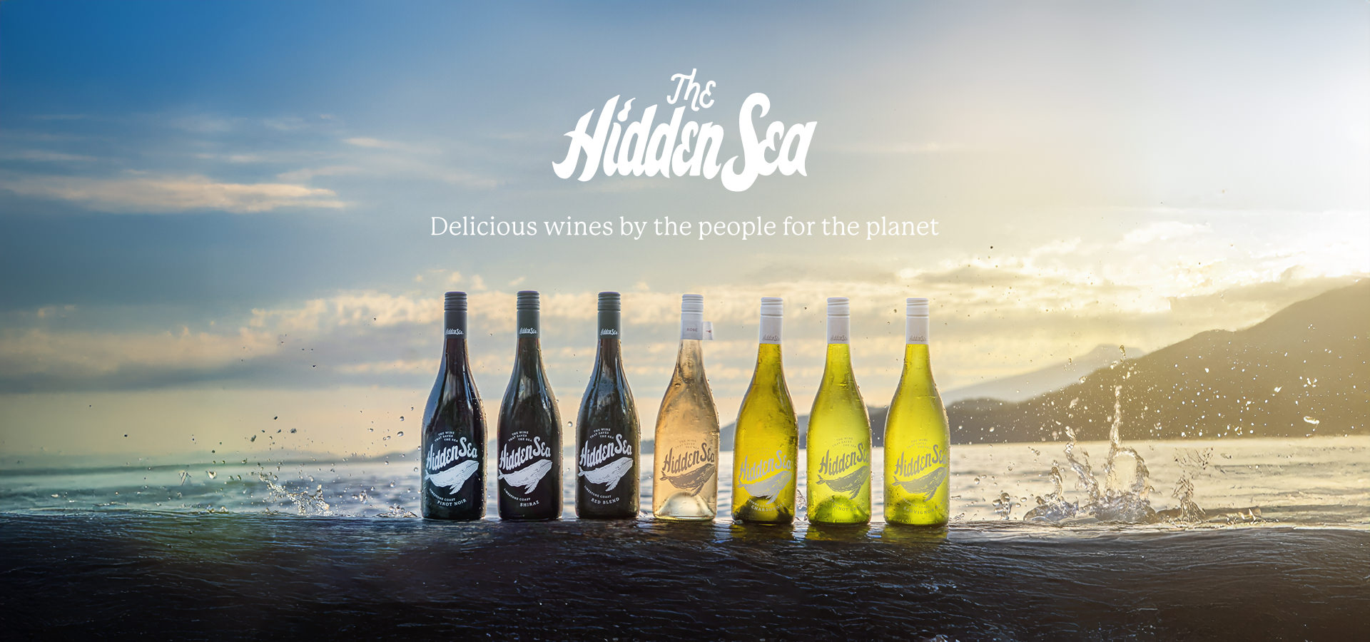 A lineup of seven The Hidden Sea wine bottles stands in a row on the ocean's surface, splashed by waves at sunset. The bottles range from dark reds on the left to white and rosé on the right. The sky glows with soft pastel hues and clouds, with mountains visible in the background. Above the bottles, the logo reads “The Hidden Sea” and the tagline says, “Delicious wines by the people for the planet.”